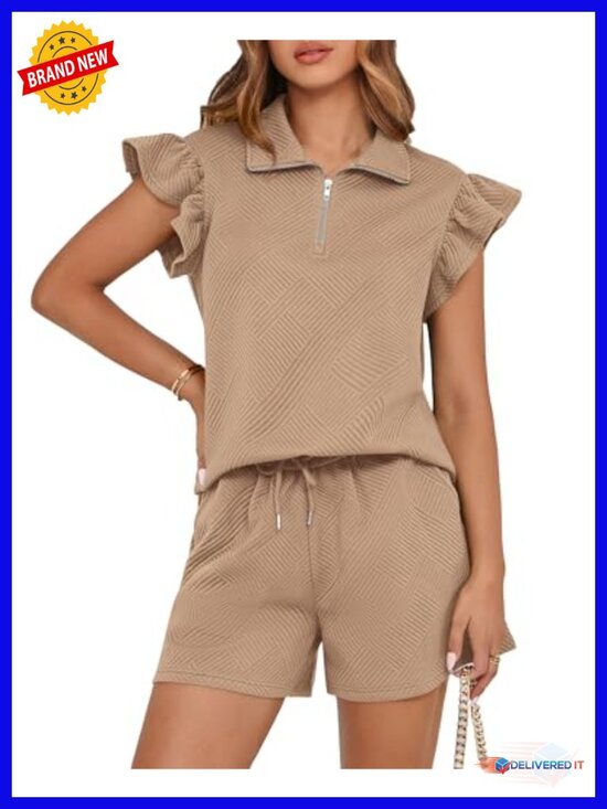 Pants - Zip Front Ruffle Cap Sleeve Lounge Set Drawstring Shorts 2 Piece